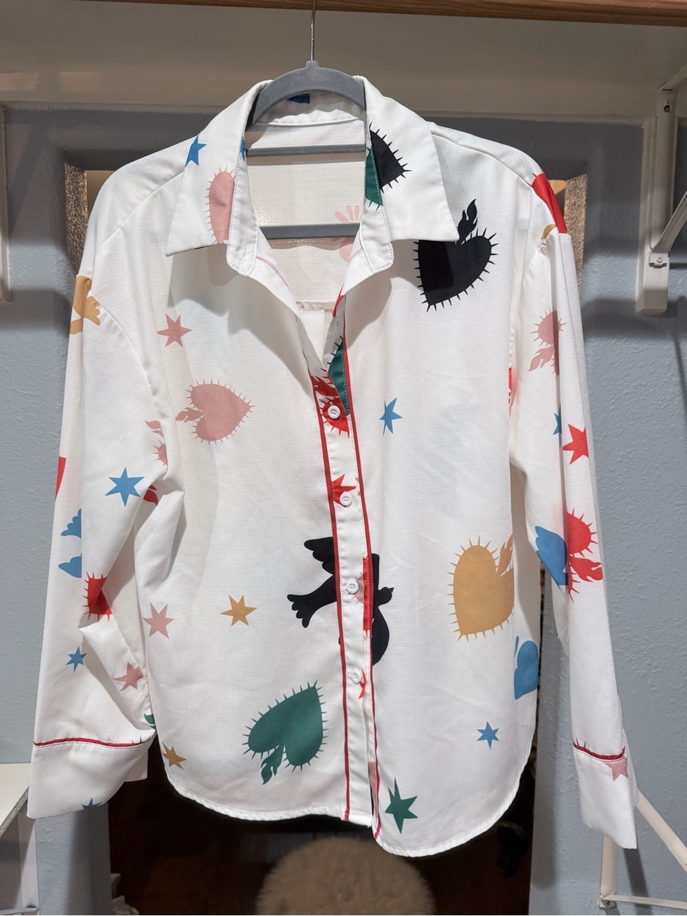 Kids' White Heart & Star Print Button-Up Shirt